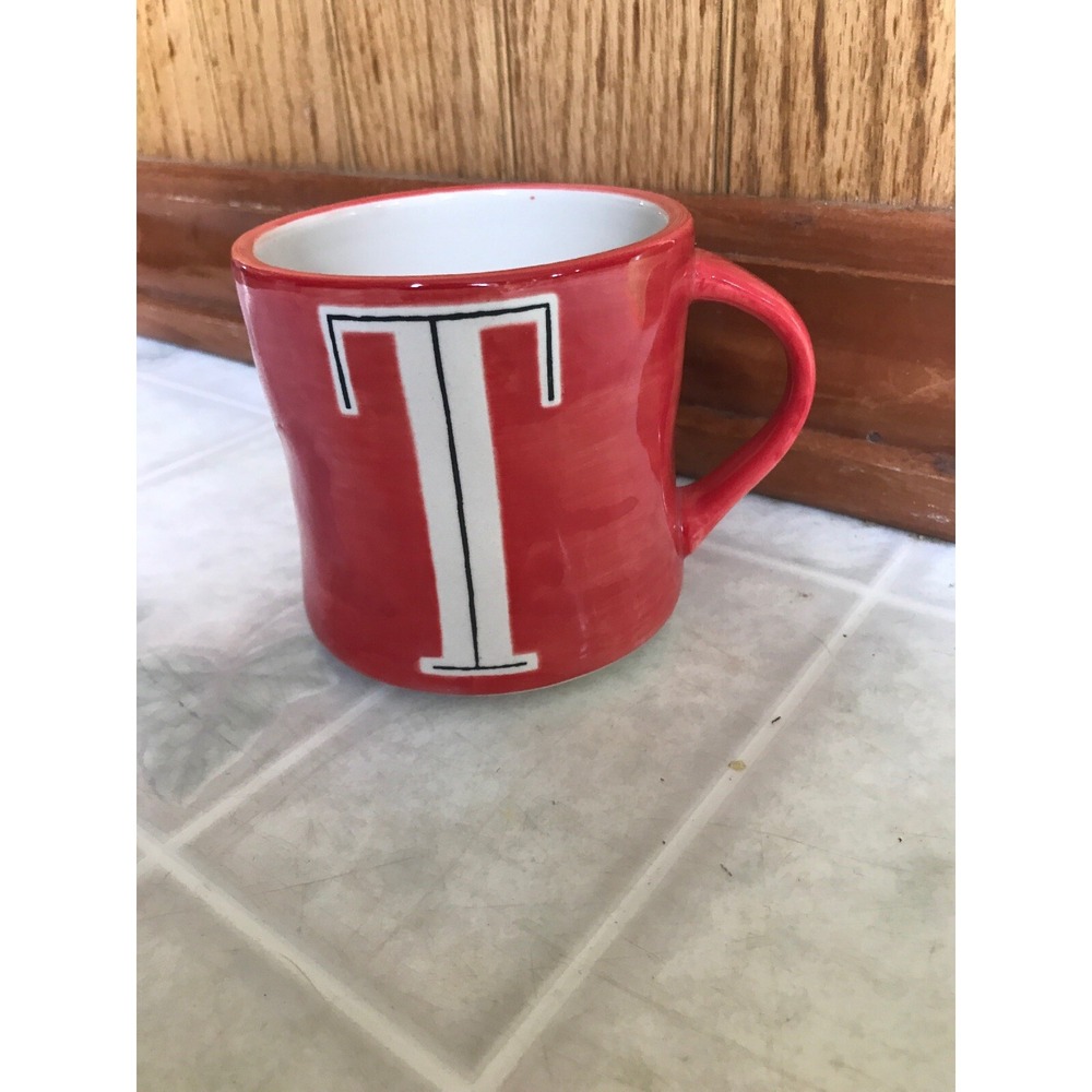 ANTHROPOLOGIE Letter‎ T Coffee Mug Coral Monogram Initial Handpainted Cup 12oz